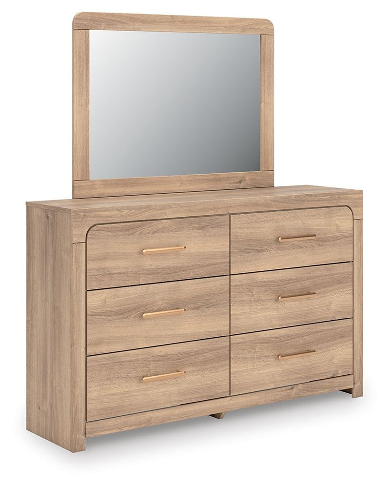 Kinlanni - 3 Pc. - Queen Upholstered Panel Bed With Roll Slats, Dresser And Mirror - Tan
