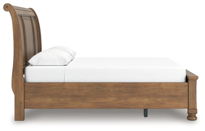 Feddinger - 3 Pc. - Queen Sleigh Storage Bed, Dresser And Mirror - Medium Brown