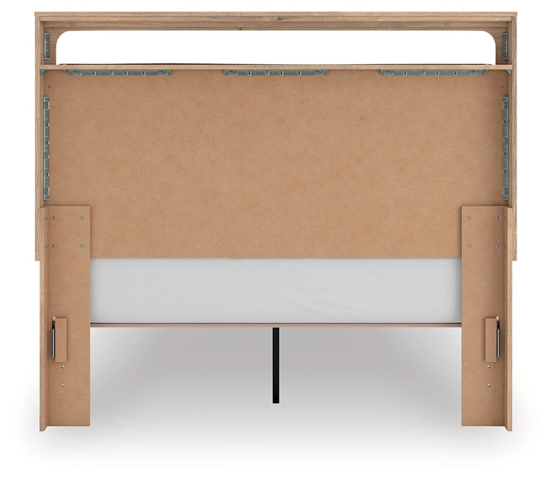 Kinlanni - 3 Pc. - Queen Upholstered Panel Bed With Roll Slats, Dresser And Mirror - Tan