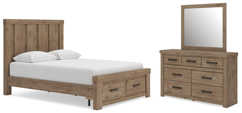 Oliandon - 3 Pc. - Queen Panel Storage Bed, Dresser And Mirror - Light Brown