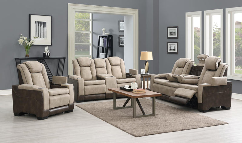 U78 - Power Reclining Loveseat With Power Headrest, Storage Arms / USB And Wireless Charger Chair - Sand / Brown