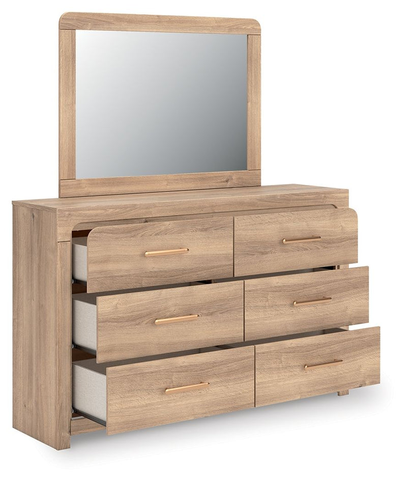 Kinlanni - 3 Pc. - Queen Upholstered Panel Bed With Roll Slats, Dresser And Mirror - Tan