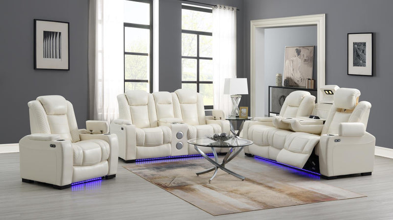 U94 - LED Power Reclining With Power Headrest, Bluetooth Speaker, And Drop Down Table Loveseat - White