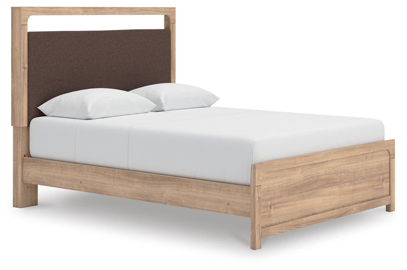 Kinlanni - 3 Pc. - Queen Upholstered Panel Bed With Roll Slats, Dresser And Mirror - Tan